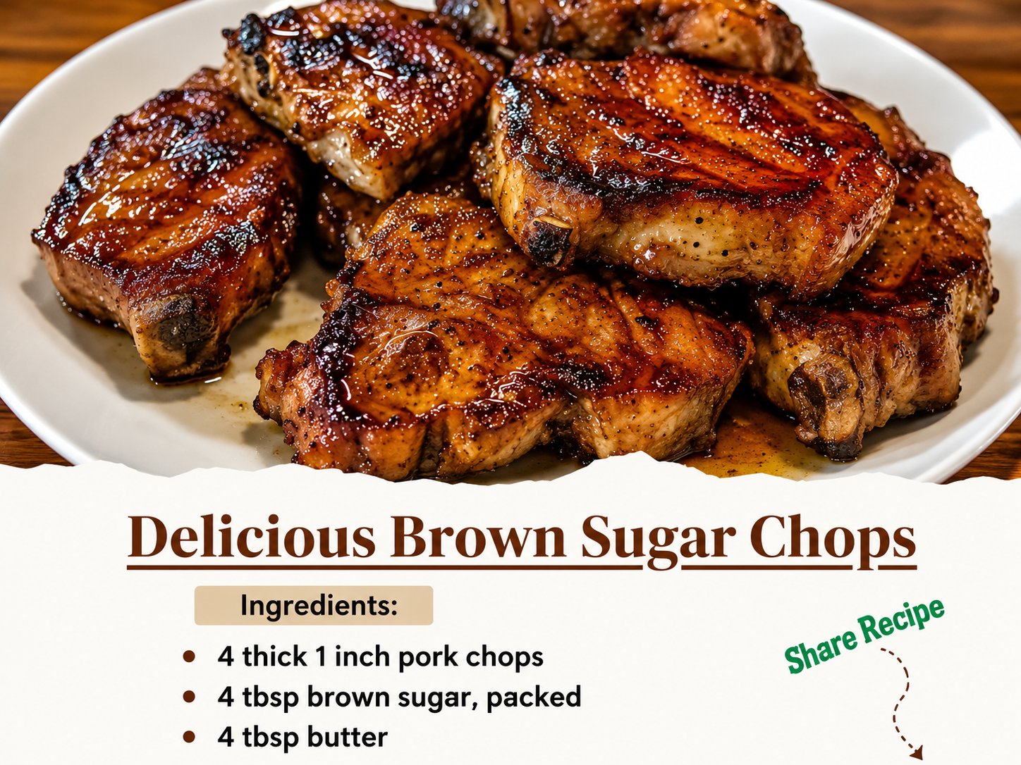 Juicy brown sugar pork chops with a buttery caramelized glaze, pan-seared until golden brown and served with mashed potatoes, garnished with fresh parsley for an easy American comfort food dinner.