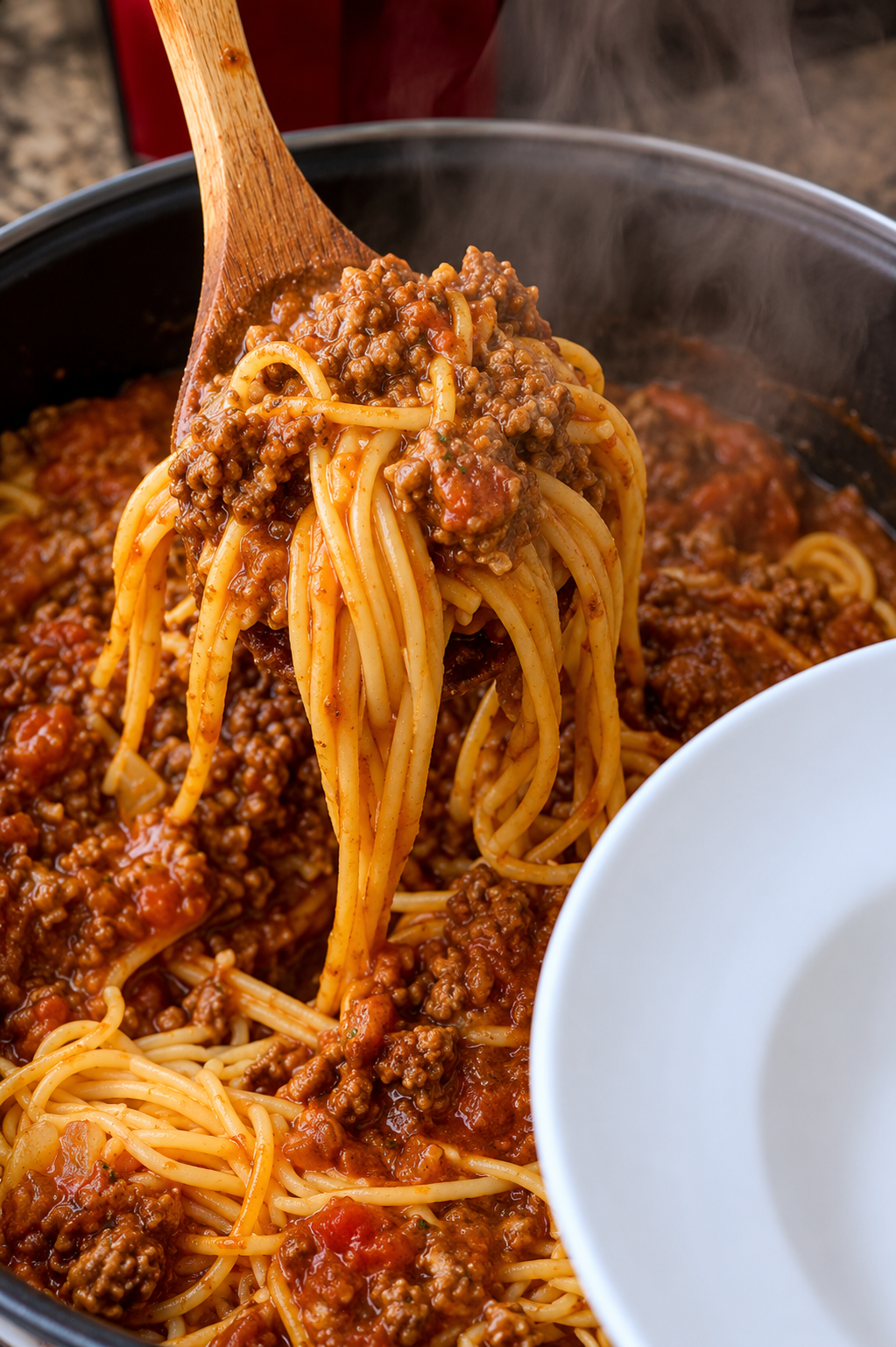 Homemade spaghetti with rich meat sauce served from a pot, featuring tender pasta coated in savory ground beef tomato sauce for a classic comfort food dinner