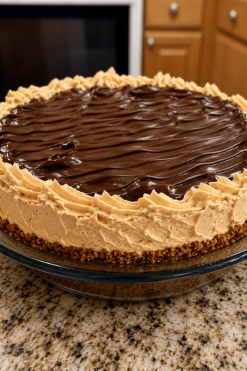 No-Bake Chocolate Peanut Butter Cream Pie with a buttery graham cracker crust, fluffy peanut butter cream filling, and a smooth, glossy chocolate ganache topping. This rich, creamy homemade dessert is chilled to perfection and garnished with chocolate shavings and peanut butter cups, making it an irresistible treat for holidays, parties, or summer gatherings.