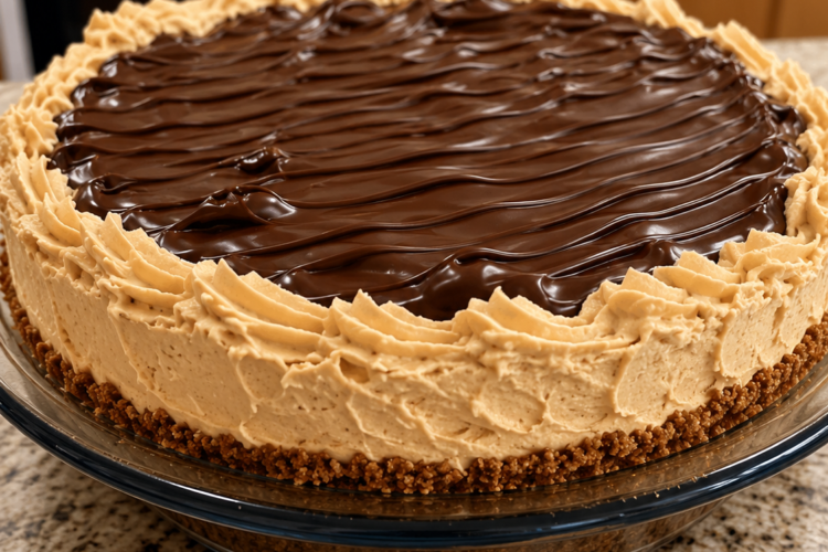 No-Bake Chocolate Peanut Butter Cream Pie with a buttery graham cracker crust, fluffy peanut butter cream filling, and a smooth, glossy chocolate ganache topping. This rich, creamy homemade dessert is chilled to perfection and garnished with chocolate shavings and peanut butter cups, making it an irresistible treat for holidays, parties, or summer gatherings.