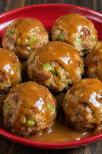 French onion meatballs baked in a glossy savory sauce with green onions and rice, served hot with extra sauce spooned over the top for a cozy family dinner.