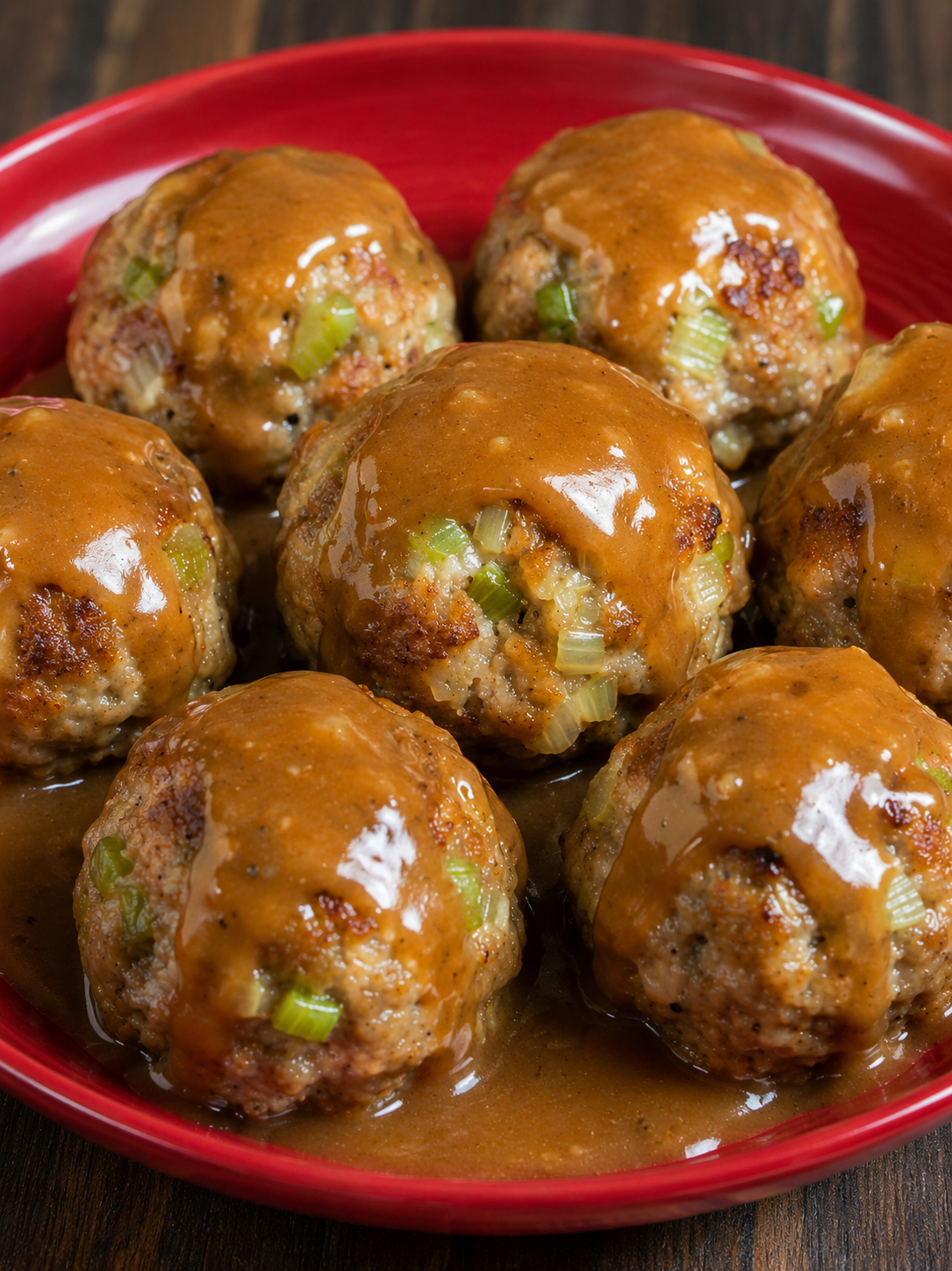 French onion meatballs baked in a glossy savory sauce with green onions and rice, served hot with extra sauce spooned over the top for a cozy family dinner.