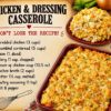 Classic chicken and cornbread dressing casserole baked until golden brown, made with tender shredded chicken, buttery cornbread, onions, celery, and savory herbs, served warm as a comforting Southern American family dinner.