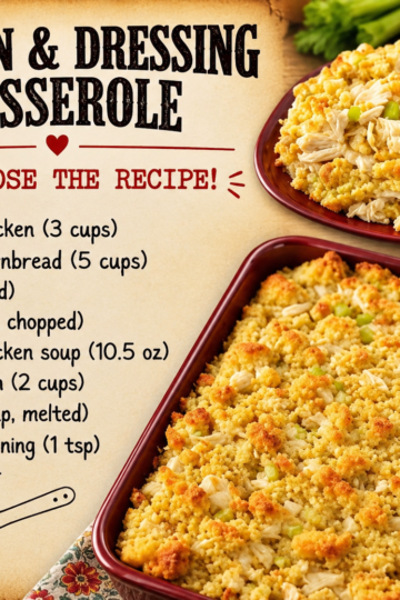 Classic chicken and cornbread dressing casserole baked until golden brown, made with tender shredded chicken, buttery cornbread, onions, celery, and savory herbs, served warm as a comforting Southern American family dinner.