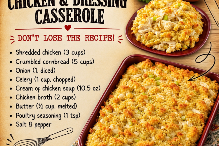 Classic chicken and cornbread dressing casserole baked until golden brown, made with tender shredded chicken, buttery cornbread, onions, celery, and savory herbs, served warm as a comforting Southern American family dinner.