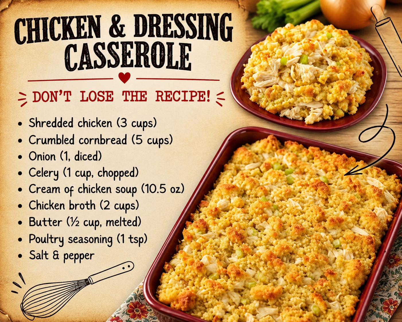 Classic chicken and cornbread dressing casserole baked until golden brown, made with tender shredded chicken, buttery cornbread, onions, celery, and savory herbs, served warm as a comforting Southern American family dinner.