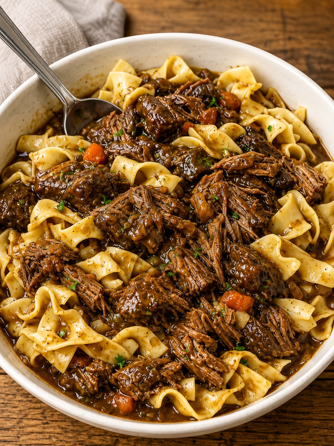 A comforting bowl of Crockpot Beef and Noodles made with tender slow-cooked chuck roast, soft egg noodles, and a rich, savory beef gravy, garnished with fresh parsley. This hearty slow cooker dinner is warm, flavorful, and perfect for cozy family meals, busy weeknights, or comforting Sunday suppers.