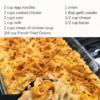 Golden baked chicken noodle casserole in a white baking dish, creamy egg noodles mixed with shredded chicken and corn, topped with melted cheese, crumbled bacon, and crispy golden French fried onions.