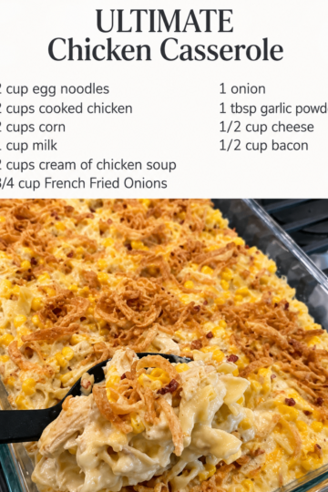 Golden baked chicken noodle casserole in a white baking dish, creamy egg noodles mixed with shredded chicken and corn, topped with melted cheese, crumbled bacon, and crispy golden French fried onions.