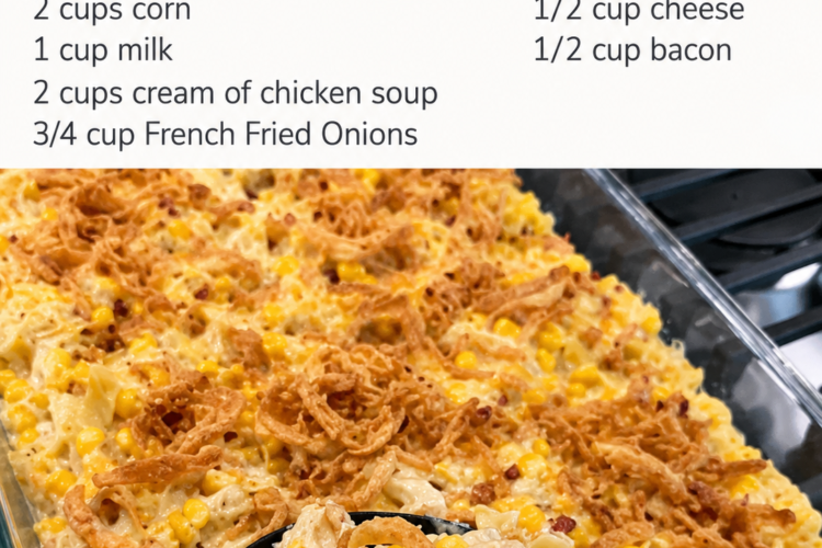 Golden baked chicken noodle casserole in a white baking dish, creamy egg noodles mixed with shredded chicken and corn, topped with melted cheese, crumbled bacon, and crispy golden French fried onions.