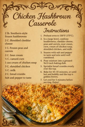 Chicken hashbrown casserole in a 9x13 baking dish with creamy shredded chicken, hashbrowns, peas, carrots, corn, melted cheddar, and a golden buttery breadcrumb topping.