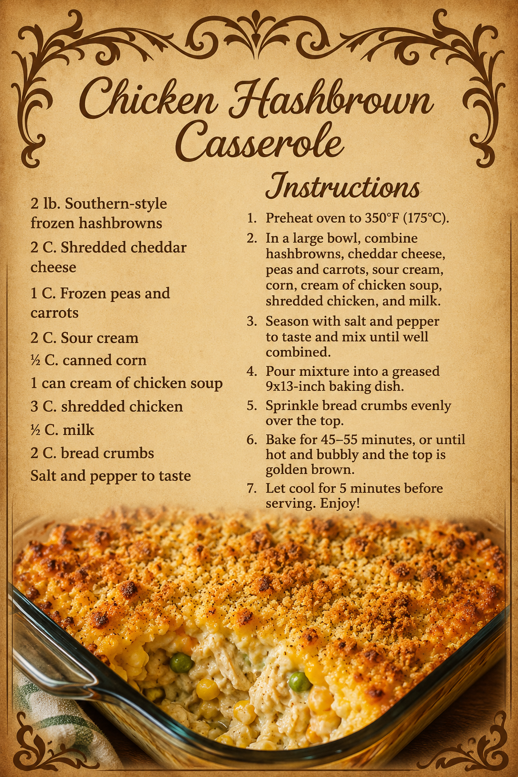 Chicken hashbrown casserole in a 9x13 baking dish with creamy shredded chicken, hashbrowns, peas, carrots, corn, melted cheddar, and a golden buttery breadcrumb topping.