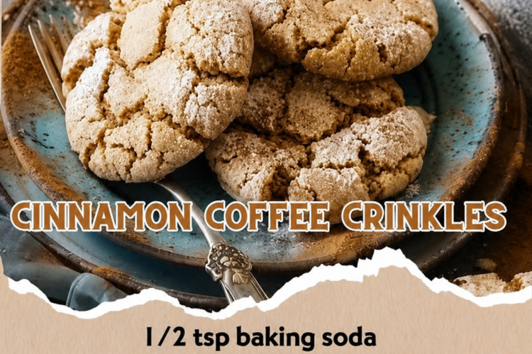 Freshly baked Cinnamon Coffee Crinkles coated in cinnamon sugar with beautiful crackled tops and soft, chewy centers, stacked on a rustic plate beside a steaming cup of coffee, perfect for a cozy homemade dessert or holiday cookie tray.