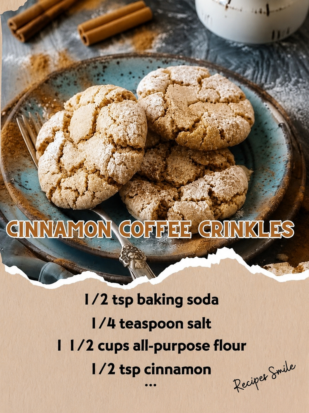 Freshly baked Cinnamon Coffee Crinkles coated in cinnamon sugar with beautiful crackled tops and soft, chewy centers, stacked on a rustic plate beside a steaming cup of coffee, perfect for a cozy homemade dessert or holiday cookie tray.