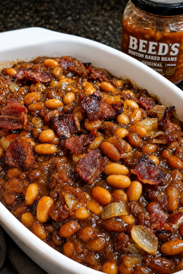 Homemade baked beans with crispy bacon and caramelized onions in a rich sweet and smoky sauce, served in a white baking dish for a classic Southern comfort food side dish.
