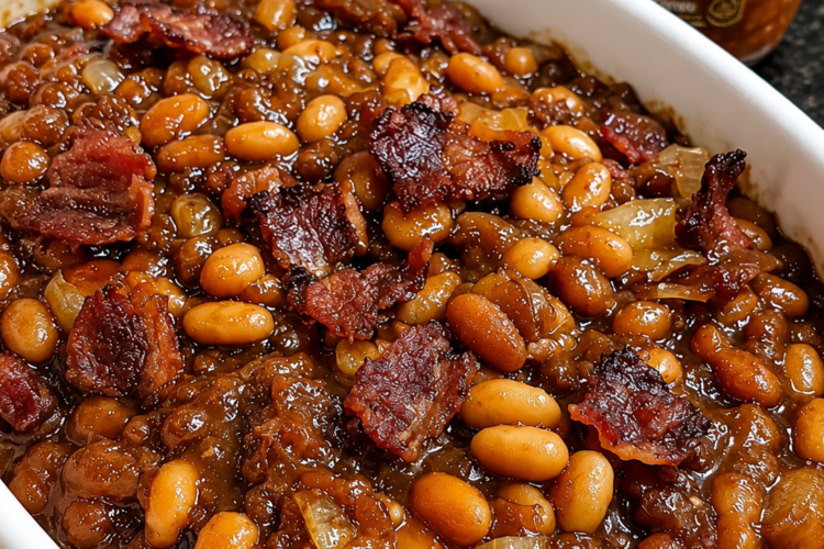 Homemade baked beans with crispy bacon and caramelized onions in a rich sweet and smoky sauce, served in a white baking dish for a classic Southern comfort food side dish.