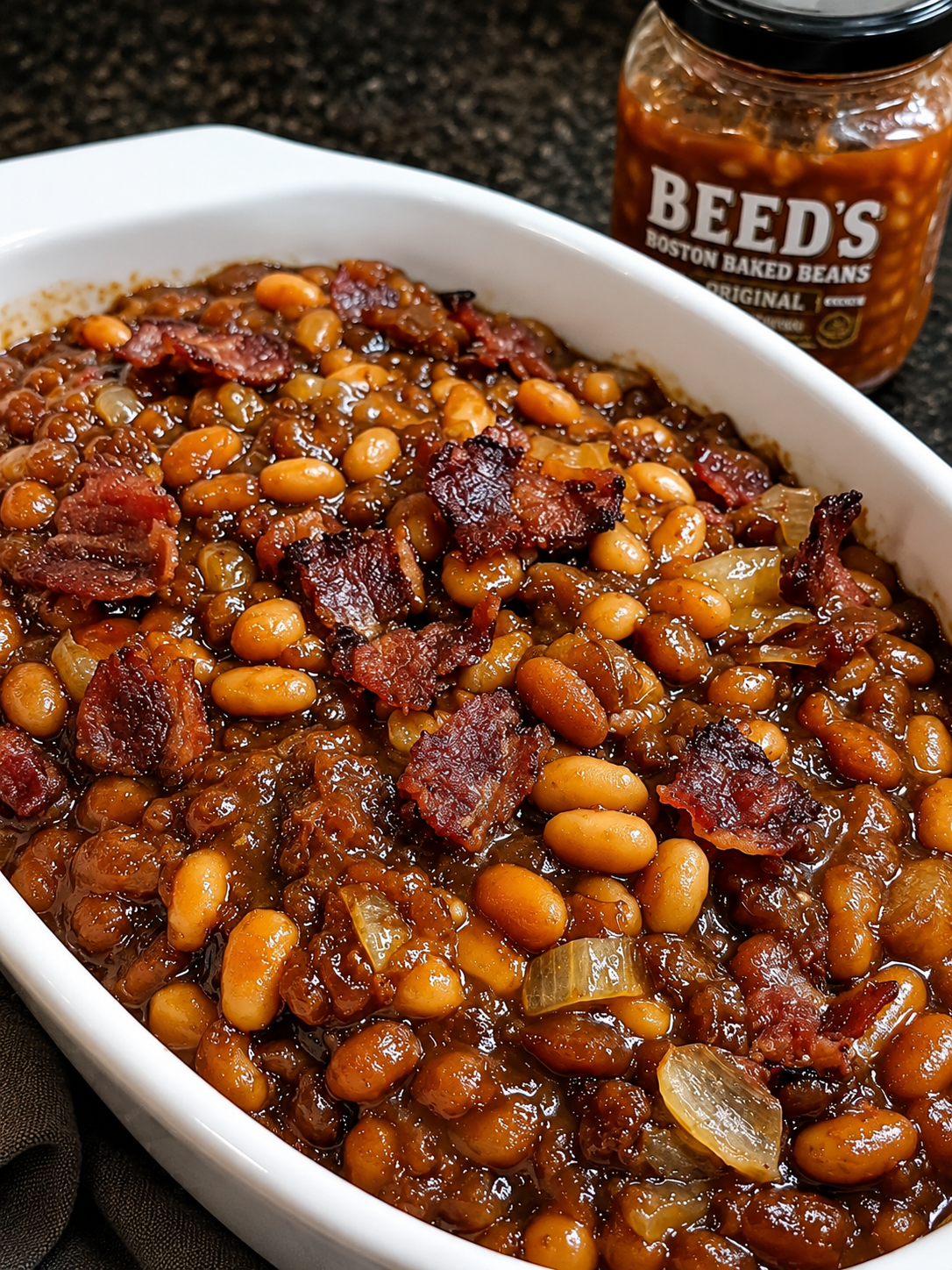 Homemade baked beans with crispy bacon and caramelized onions in a rich sweet and smoky sauce, served in a white baking dish for a classic Southern comfort food side dish.