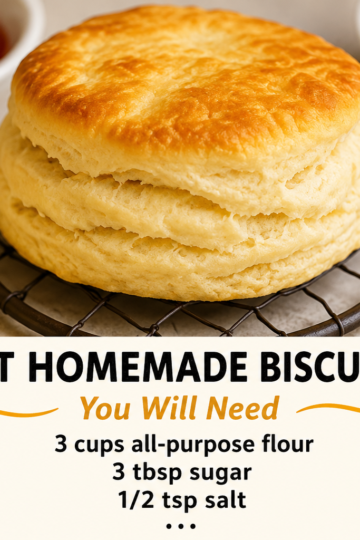 Freshly baked homemade buttermilk biscuits with flaky golden tops and soft buttery layers, served warm on a rustic plate with butter and jam, a classic Southern American comfort food.