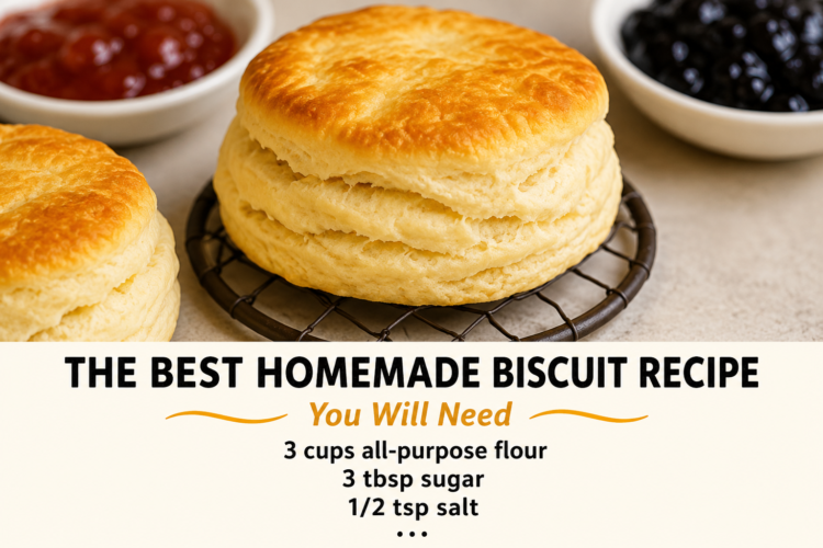 Freshly baked homemade buttermilk biscuits with flaky golden tops and soft buttery layers, served warm on a rustic plate with butter and jam, a classic Southern American comfort food.