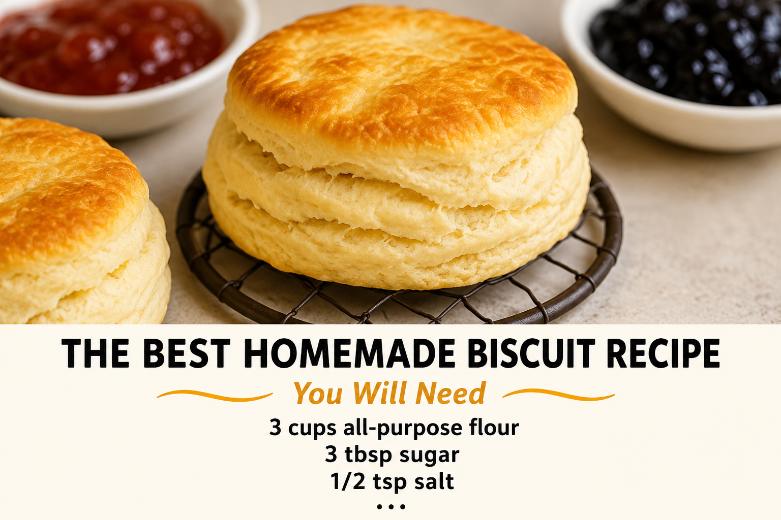 Freshly baked homemade buttermilk biscuits with flaky golden tops and soft buttery layers, served warm on a rustic plate with butter and jam, a classic Southern American comfort food.