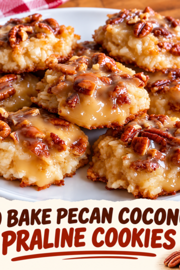 A close-up of homemade no-bake pecan coconut praline cookies piled on a rustic white plate, featuring a glossy caramel coating, crunchy chopped pecans, and chewy shredded coconut. The golden-brown Southern-style cookies have a rich buttery texture and are perfect for holiday dessert platters, potlucks, or easy no-bake treats.