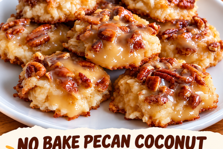 A close-up of homemade no-bake pecan coconut praline cookies piled on a rustic white plate, featuring a glossy caramel coating, crunchy chopped pecans, and chewy shredded coconut. The golden-brown Southern-style cookies have a rich buttery texture and are perfect for holiday dessert platters, potlucks, or easy no-bake treats.