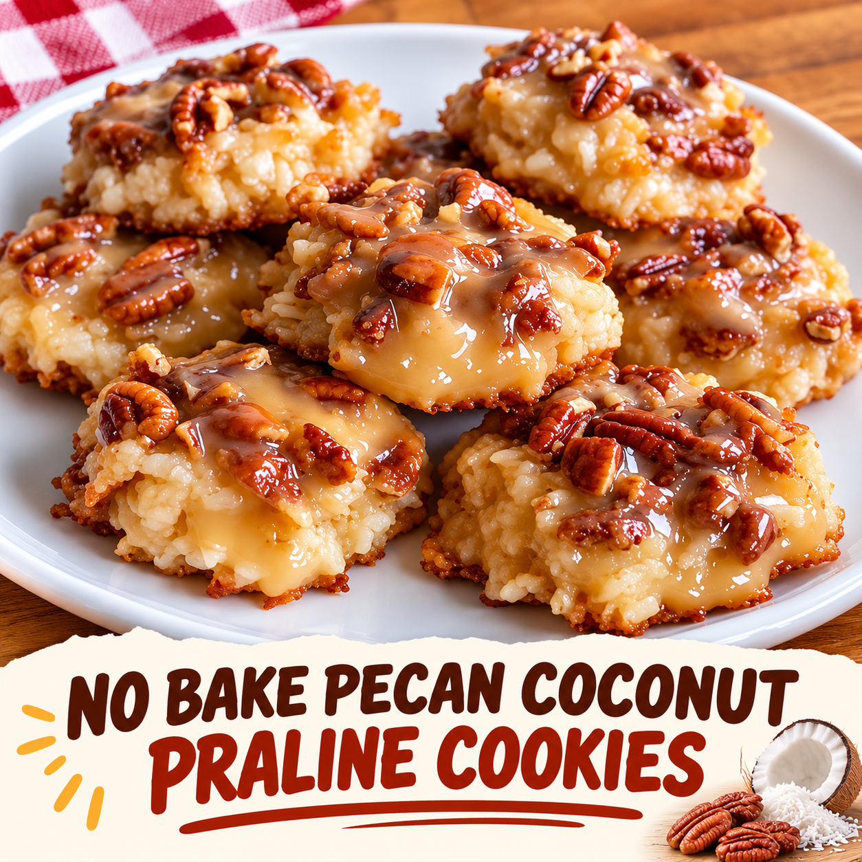 A close-up of homemade no-bake pecan coconut praline cookies piled on a rustic white plate, featuring a glossy caramel coating, crunchy chopped pecans, and chewy shredded coconut. The golden-brown Southern-style cookies have a rich buttery texture and are perfect for holiday dessert platters, potlucks, or easy no-bake treats.
