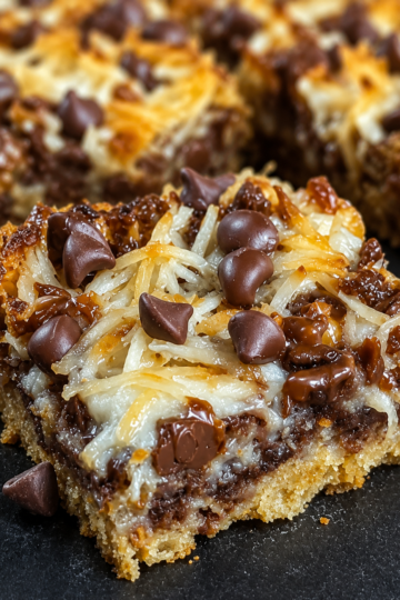 Magic coconut caramel bars cut into squares with buttery graham cracker crust, toasted coconut, melted chocolate chips, chopped nuts, and gooey caramel filling.