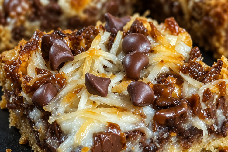 Magic coconut caramel bars cut into squares with buttery graham cracker crust, toasted coconut, melted chocolate chips, chopped nuts, and gooey caramel filling.