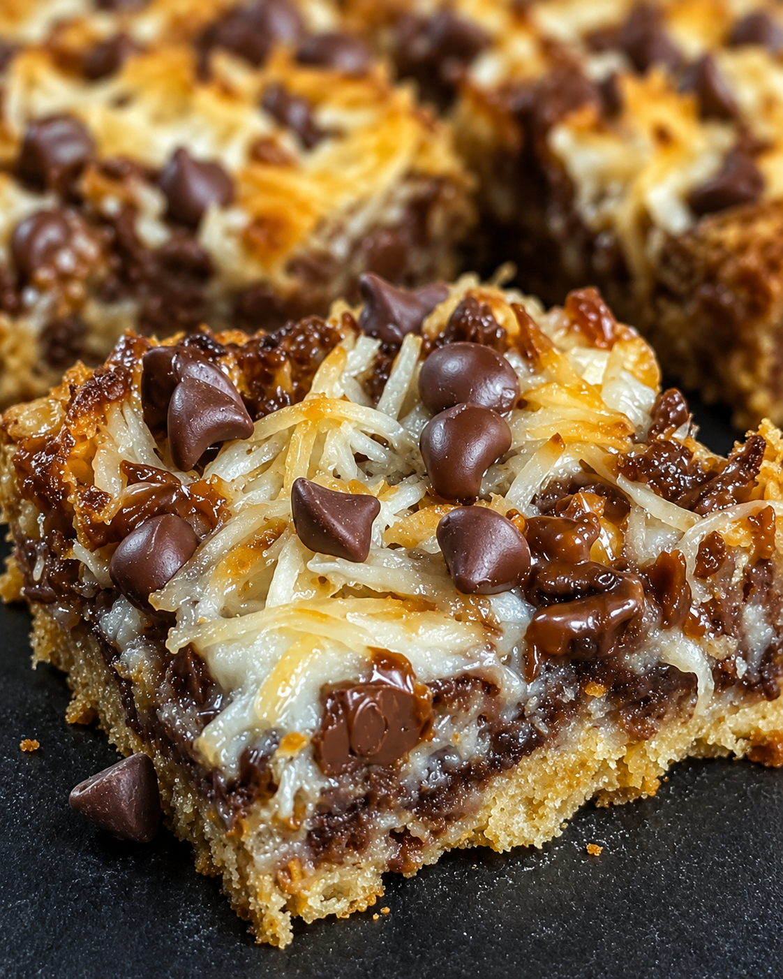 Magic coconut caramel bars cut into squares with buttery graham cracker crust, toasted coconut, melted chocolate chips, chopped nuts, and gooey caramel filling.