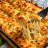 Cheesy hashbrown casserole baked in a 9x13 dish with a golden buttery cornflake topping, creamy potatoes, melted cheddar cheese, and bubbling edges, served hot as a comforting American side dish.