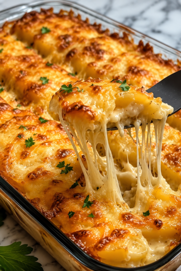 Cheesy hashbrown casserole baked in a 9x13 dish with a golden buttery cornflake topping, creamy potatoes, melted cheddar cheese, and bubbling edges, served hot as a comforting American side dish.