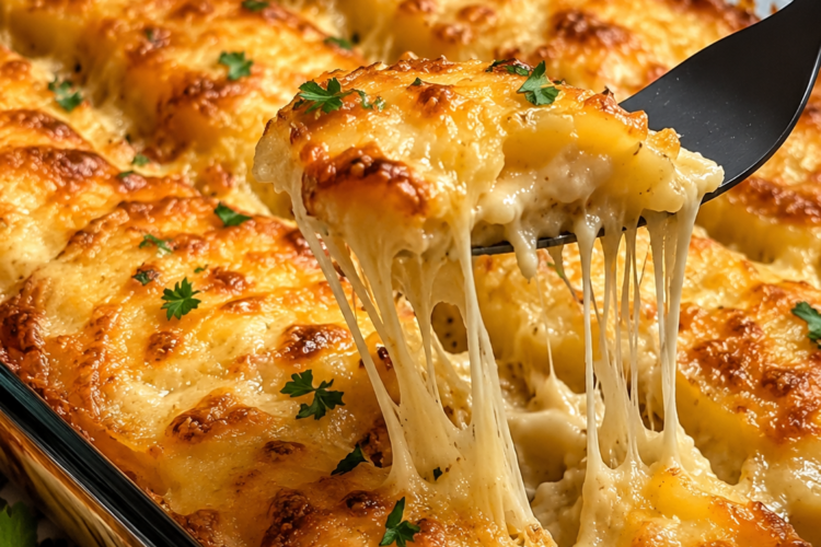 Cheesy hashbrown casserole baked in a 9x13 dish with a golden buttery cornflake topping, creamy potatoes, melted cheddar cheese, and bubbling edges, served hot as a comforting American side dish.