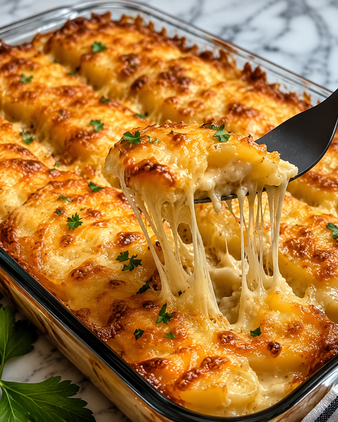 Cheesy hashbrown casserole baked in a 9x13 dish with a golden buttery cornflake topping, creamy potatoes, melted cheddar cheese, and bubbling edges, served hot as a comforting American side dish.