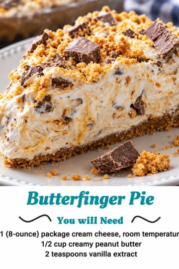 Close-up of a creamy no-bake Butterfinger pie in a graham cracker crust, topped with crushed Butterfinger candy pieces and peanut butter crumbles. A slice has been removed to reveal the smooth peanut butter cream filling with crunchy candy throughout. Served chilled with extra Butterfinger pieces scattered on top, captured in warm natural light on a rustic wooden table.