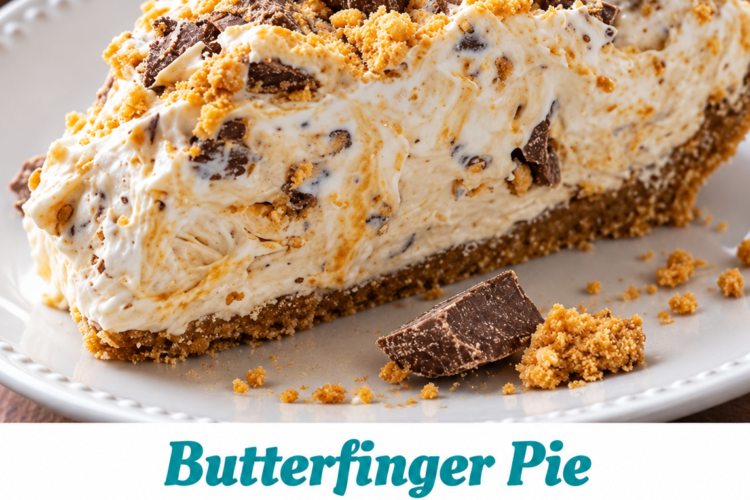 Close-up of a creamy no-bake Butterfinger pie in a graham cracker crust, topped with crushed Butterfinger candy pieces and peanut butter crumbles. A slice has been removed to reveal the smooth peanut butter cream filling with crunchy candy throughout. Served chilled with extra Butterfinger pieces scattered on top, captured in warm natural light on a rustic wooden table.