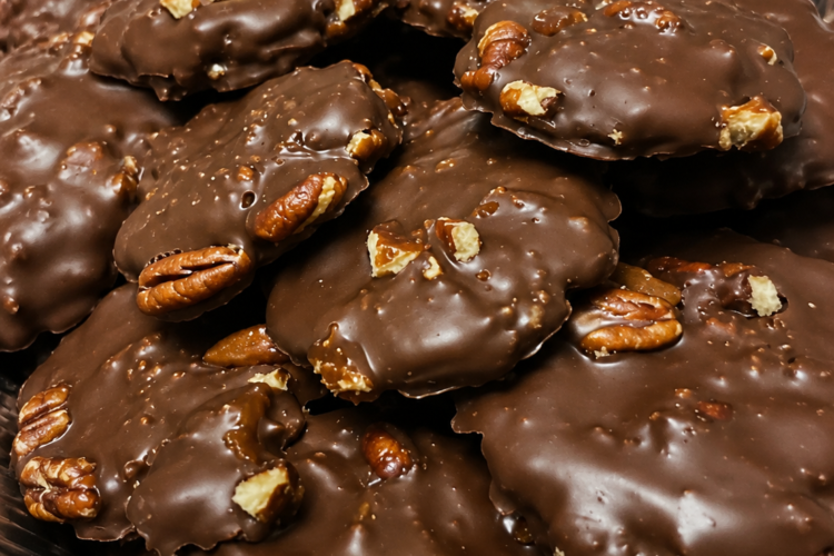 Homemade turtle candies with toasted pecans, soft caramel centers, glossy chocolate coating, and flaky sea salt, arranged on parchment for a holiday dessert tray.