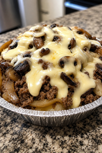 A hearty Keto Mushroom Swiss Burger Bowl filled with juicy seasoned ground beef, buttery caramelized mushrooms, and melted Swiss cheese, topped with crisp pickles and fresh lettuce in a rustic bowl. This low-carb burger bowl is a comforting, protein-packed meal that's perfect for a quick weeknight dinner or easy keto meal prep.