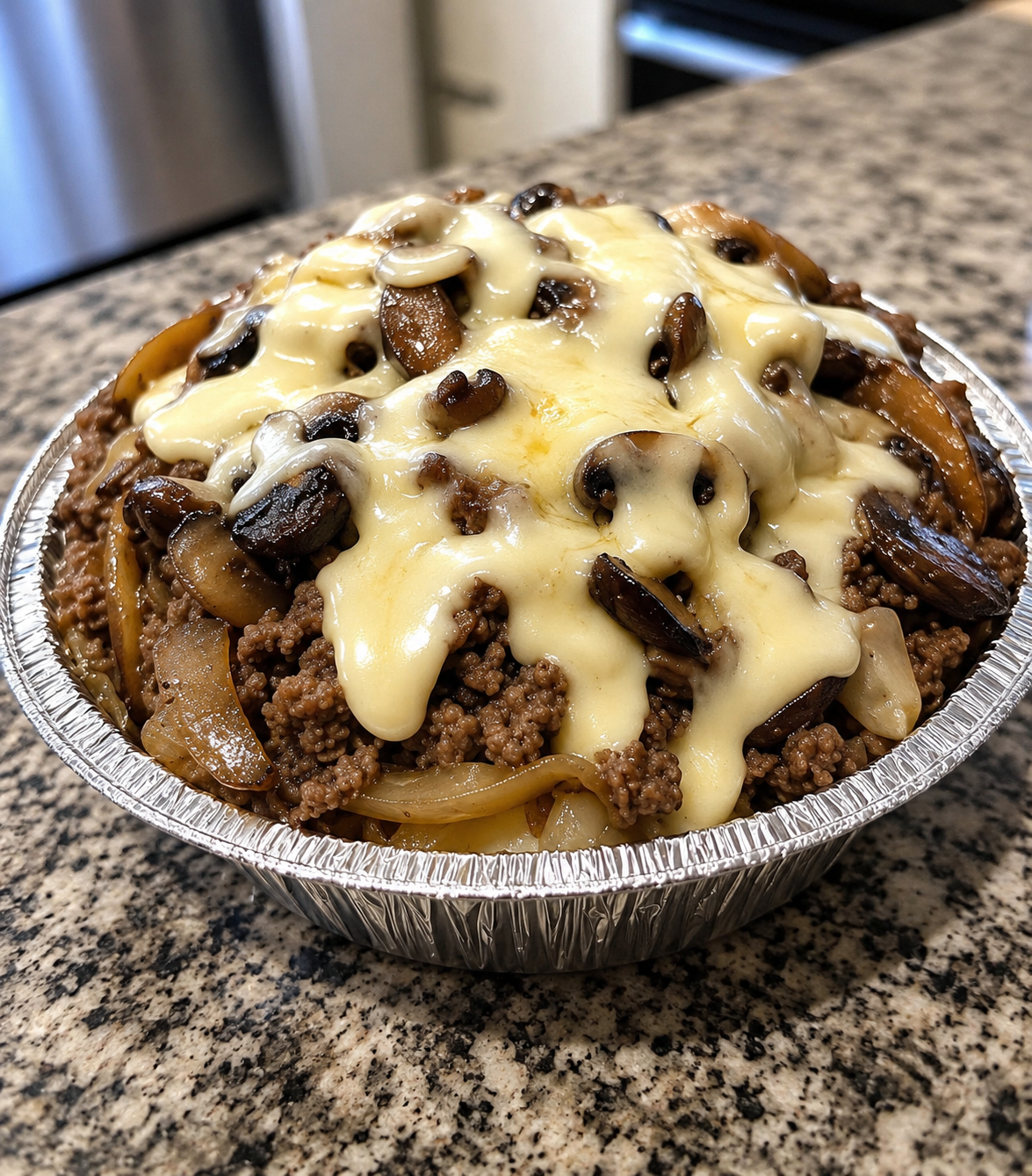 A hearty Keto Mushroom Swiss Burger Bowl filled with juicy seasoned ground beef, buttery caramelized mushrooms, and melted Swiss cheese, topped with crisp pickles and fresh lettuce in a rustic bowl. This low-carb burger bowl is a comforting, protein-packed meal that's perfect for a quick weeknight dinner or easy keto meal prep.