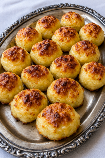 Golden Appalachian Cheesy Potato Puffs baked until crispy with a buttery Parmesan crust and fluffy mashed potato center loaded with sharp cheddar cheese and garlic. These old-fashioned homemade potato puffs are served warm on a rustic platter, making the perfect comfort food side dish for family dinners, holidays, and potlucks