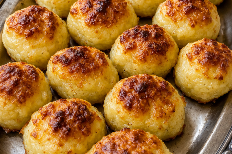 Golden Appalachian Cheesy Potato Puffs baked until crispy with a buttery Parmesan crust and fluffy mashed potato center loaded with sharp cheddar cheese and garlic. These old-fashioned homemade potato puffs are served warm on a rustic platter, making the perfect comfort food side dish for family dinners, holidays, and potlucks
