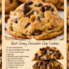 Gooey chocolate chip cookies with golden crispy edges, thick soft centers, melty semi-sweet chocolate chips, and optional walnut pieces cooling on a parchment-lined baking sheet.