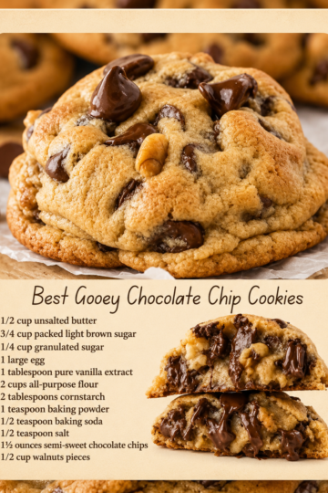 Gooey chocolate chip cookies with golden crispy edges, thick soft centers, melty semi-sweet chocolate chips, and optional walnut pieces cooling on a parchment-lined baking sheet.