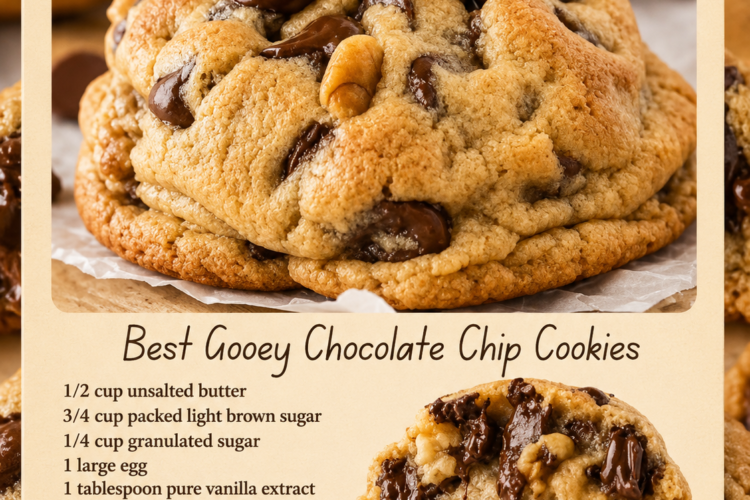Gooey chocolate chip cookies with golden crispy edges, thick soft centers, melty semi-sweet chocolate chips, and optional walnut pieces cooling on a parchment-lined baking sheet.