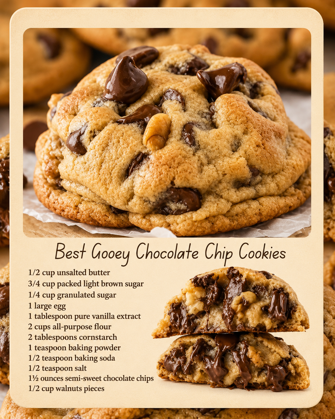 Gooey chocolate chip cookies with golden crispy edges, thick soft centers, melty semi-sweet chocolate chips, and optional walnut pieces cooling on a parchment-lined baking sheet.