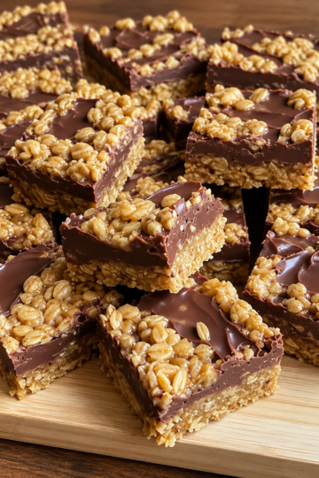 The image has been recreated with a realistic homemade look, showing rich chocolate oat bars stacked on a wooden board with glossy chocolate and chewy oat layers.
