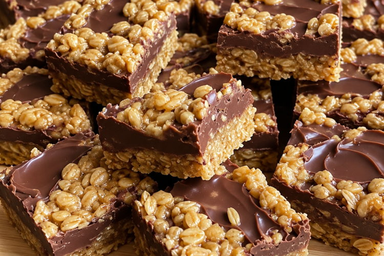 The image has been recreated with a realistic homemade look, showing rich chocolate oat bars stacked on a wooden board with glossy chocolate and chewy oat layers.