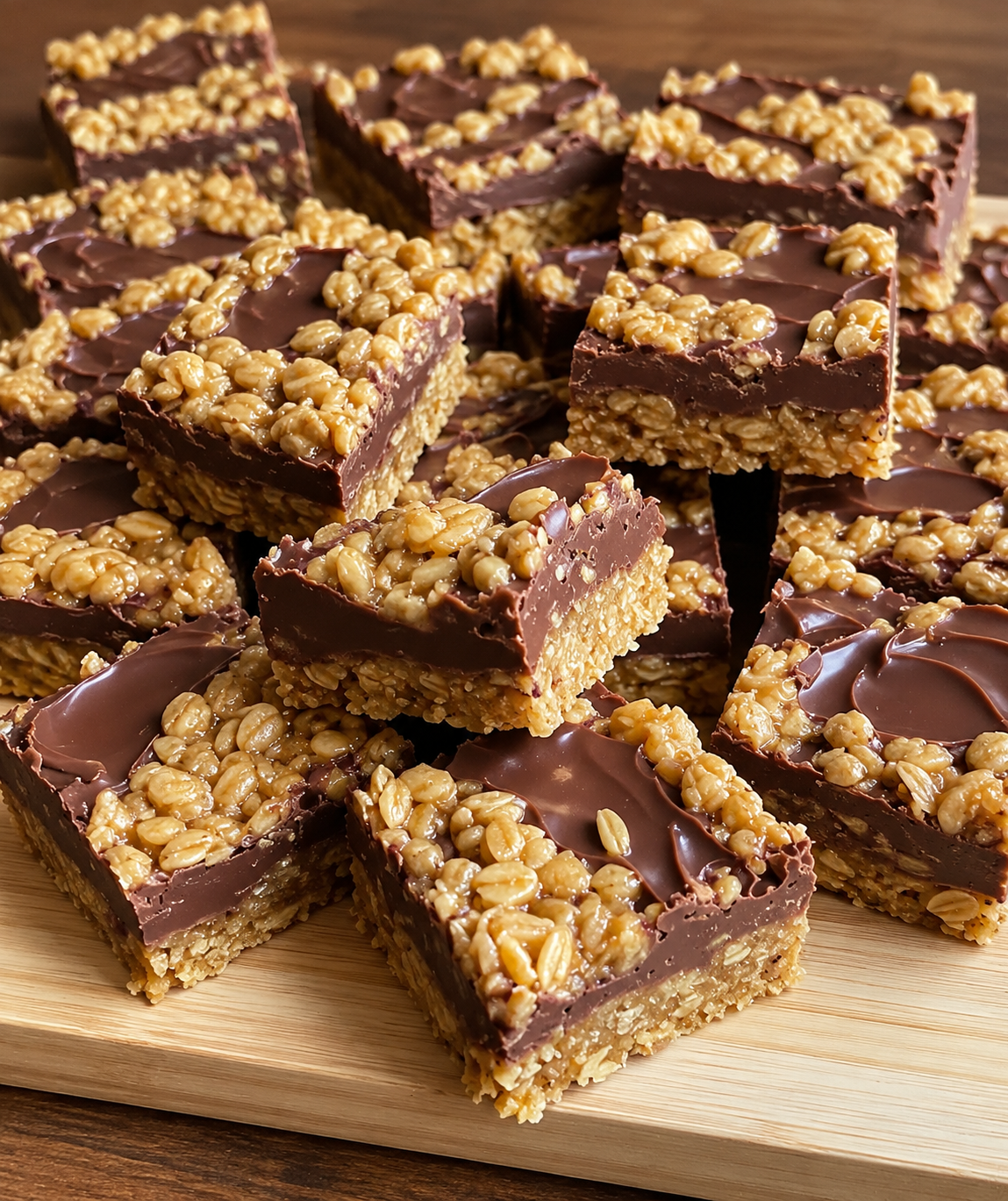 The image has been recreated with a realistic homemade look, showing rich chocolate oat bars stacked on a wooden board with glossy chocolate and chewy oat layers.