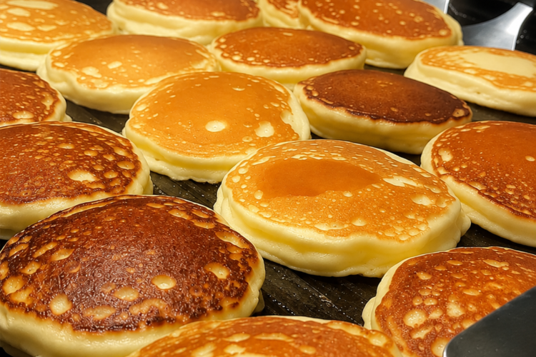 A tall stack of fluffy sourdough pancakes with crispy golden edges, topped with melting butter and drizzled with pure maple syrup. Served with fresh berries and a dusting of powdered sugar on a rustic plate, photographed in warm morning natural light with a cozy farmhouse breakfast setting.