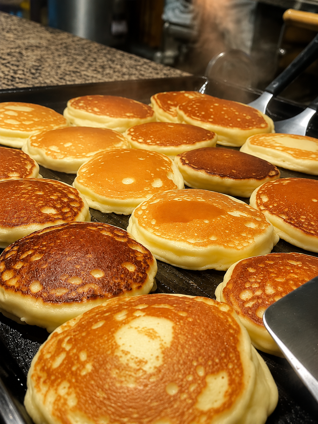 A tall stack of fluffy sourdough pancakes with crispy golden edges, topped with melting butter and drizzled with pure maple syrup. Served with fresh berries and a dusting of powdered sugar on a rustic plate, photographed in warm morning natural light with a cozy farmhouse breakfast setting.